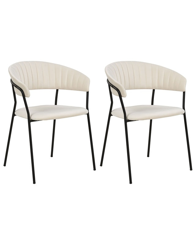 Set of 2 Dining Chairs Cream Velvet Fabric Upholstery Black Metal Legs with Armrests Curved Backrest Modern Contemporary Design Beliani