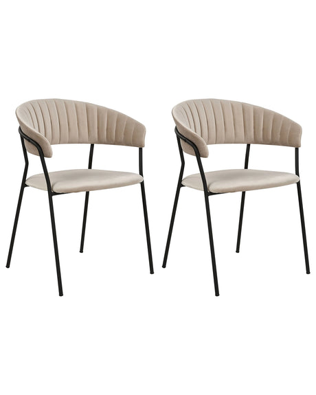 Set of 2 Dining Chairs Taupe Velvet Fabric Upholstery Black Metal Legs with Armrests Curved Backrest Modern Contemporary Design Beliani