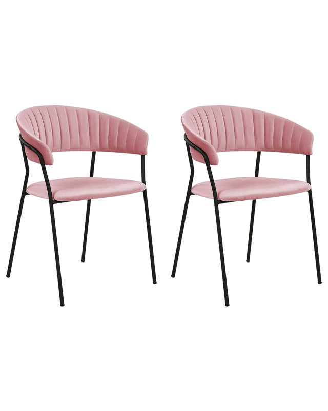 Set of 2 Dining Chairs Pink Velvet Fabric Upholstery Black Metal Legs with Armrests Curved Backrest Modern Contemporary Design Beliani