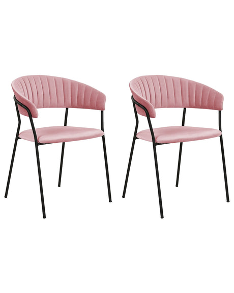 Set of 2 Dining Chairs Pink Velvet Fabric Upholstery Black Metal Legs with Armrests Curved Backrest Modern Contemporary Design Beliani