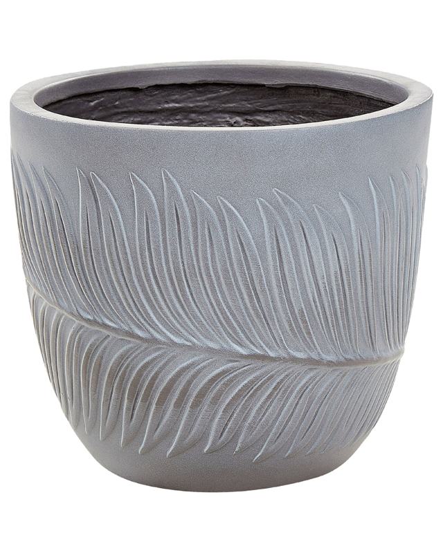 Outdoor Plant Pot Clay Fibre Grey 28 x 28 x 16 cm Planter Round UC Resistant Leaf Motif Traditional Beliani