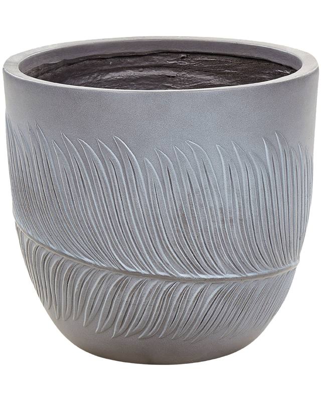 Outdoor Plant Pot Clay Fibre Grey 35 x 35 x 33 cm Planter Round UC Resistant Leaf Motif Traditional Beliani