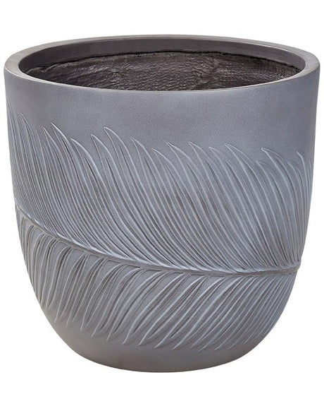 Outdoor Plant Pot Clay Fibre Grey 42 x 42 x 40 cm Planter Round UC Resistant Leaf Motif Traditional Beliani