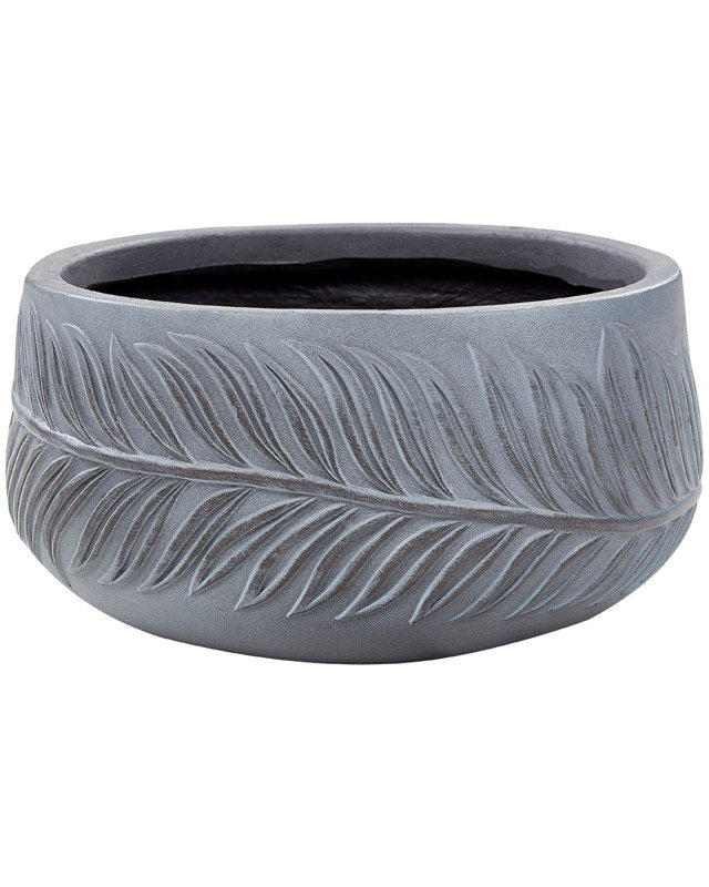 Outdoor Plant Pot Clay Fibre Grey 25 x 25 x 14 cm Planter Round UC Resistant Leaf Motif Traditional Beliani