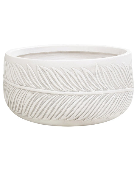 Outdoor Plant Pot Clay Fibre White 35 x 35 x 19 cm Planter Round UC Resistant Leaf Motif Traditional Beliani
