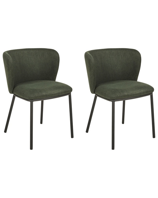 Set of 2 Dining Chairs Dark Green Polyester Upholstery Black Metal Legs Armless Curved Backrest Modern Contemporary Design Beliani