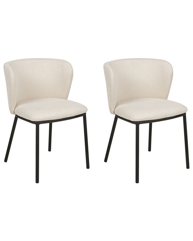 Set of 2 Dining Chairs Off-White Polyester Upholstery Black Metal Legs Armless Curved Backrest Modern Contemporary Design Beliani