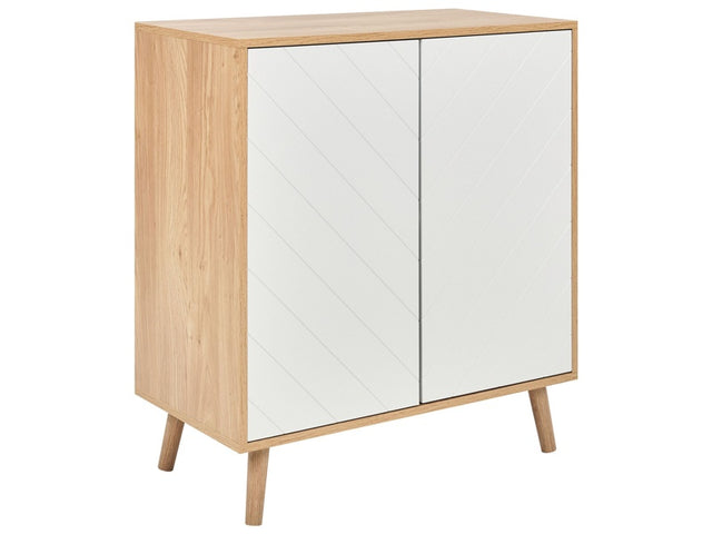 Sideboard White and Light Wood MDF Particle Board Wood Veneer 2 Door with Shelves Scandinavian Bedroom Storage Solution Beliani