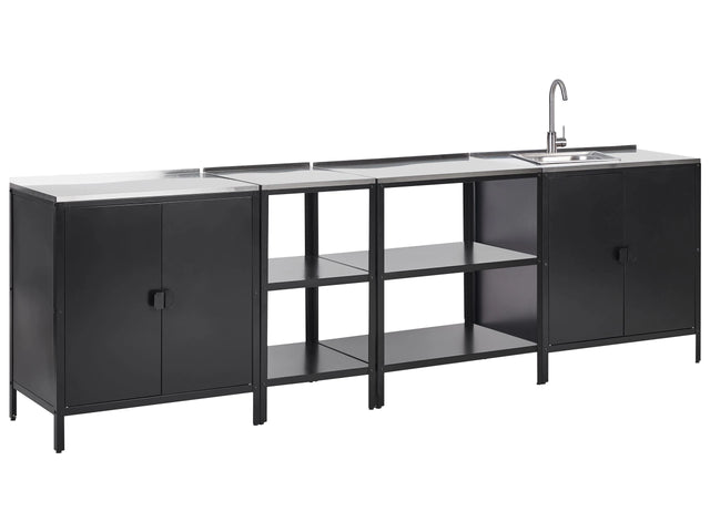 4 Piece Outdoor Kitchen Set Black Stainless Steel 2 Kitchen Cabinets 2 Storage Islands Sink Single Lever Outdoor Kitchen Cooking Station Beliani