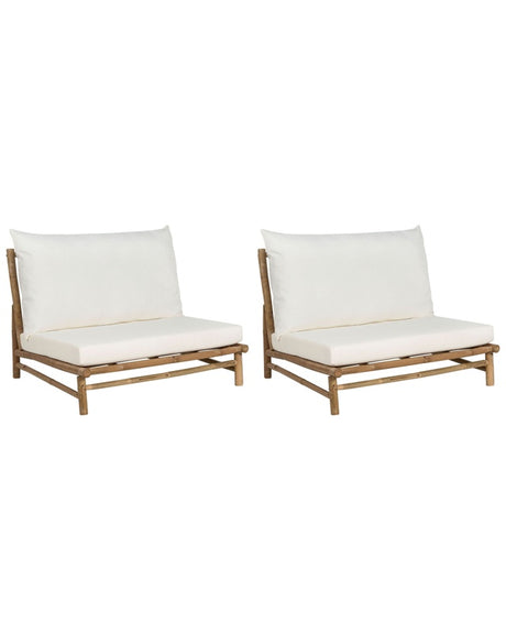 Set of 2 Chairs Light Bamboo Wood Off-White Backrest Seat Cushions Slipper Design Indoor and Outdoor Modern Rustic Design Beliani