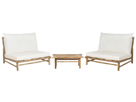 2 Seater Bamboo Lounge Set Light Brown and Off-White Backrest Seat Cushions with Coffee Table Indoor and Outdoor Design Beliani