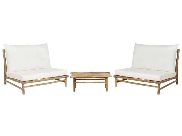 2 Seater Bamboo Lounge Set Light Brown and Off-White Backrest Seat Cushions with Coffee Table Indoor and Outdoor Design Beliani
