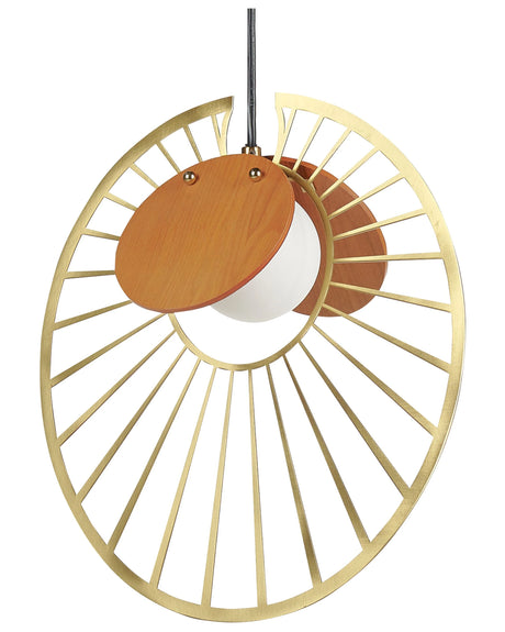 Pendant Lamp Gold with Light Wood Metal Iron MDF Hanging Light Glass Shade Round Shape Modern Lighting Living Room Dining Room Bedroom Beliani