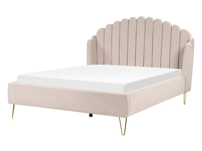 Bed Frame Beige Fabric Upholstery EU Double Size 4ft6 Metal Legs Retro Design Chanell Shell Headboard Beliani