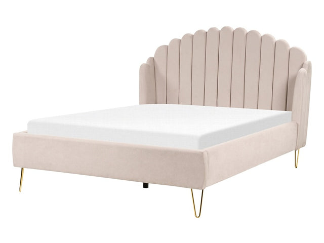 Bed Frame Beige Fabric Upholstery EU Double Size 4ft6 Metal Legs Retro Design Chanell Shell Headboard Beliani