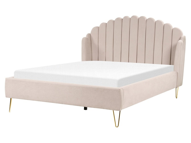 Bed Frame Beige Fabric Upholstery EU King Size 5ft3 Metal Legs Retro Design Chanell Shell Headboard Beliani