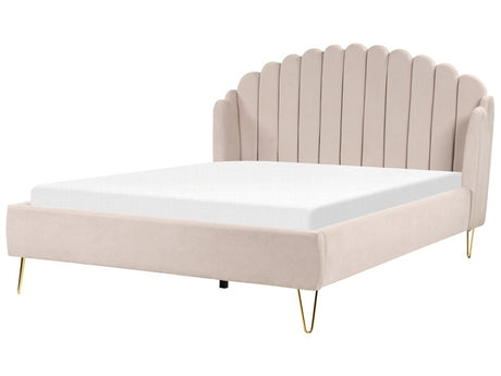 Bed Frame Beige Fabric Upholstery EU Super King Size 6ft Metal Legs Retro Design Chanell Shell Headboard Beliani