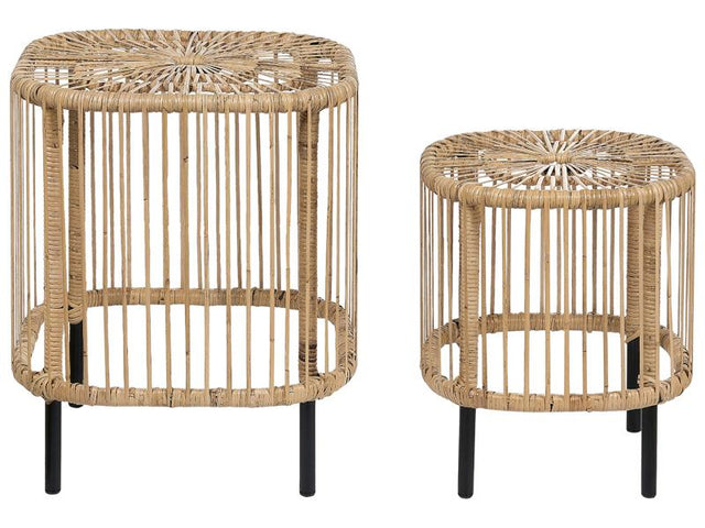 Set of 2 Rattan Garden Coffee Tables Natural Rattan Powder Coated UV Weather Stain Resistant Handmade Indoor Outdoor Living Room Terrace Patio Boho Style Beliani