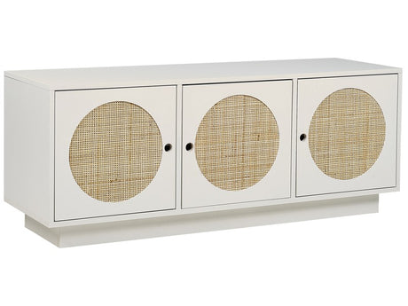 3 Door Sideboard White Manufactured Wood with Rattan Front Hole Handles Cabinet Living Room Bedroom Boho Style  Beliani