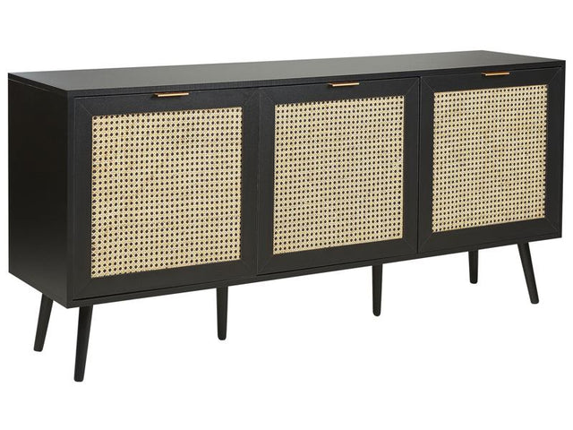 3 Door Sideboard Black Manufactured Wood with Rattan Front Black Rubberwood Legs Boho Style Living Room Beliani