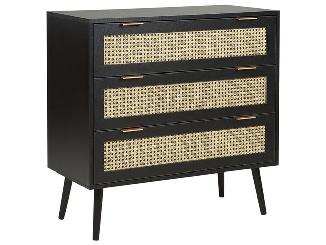 Rattan 3 Drawer Chest Black Manufactured Wood with Rattan Front Drawers Sideboard Front Black Rubberwood Legs Boho Style Living Room Beliani