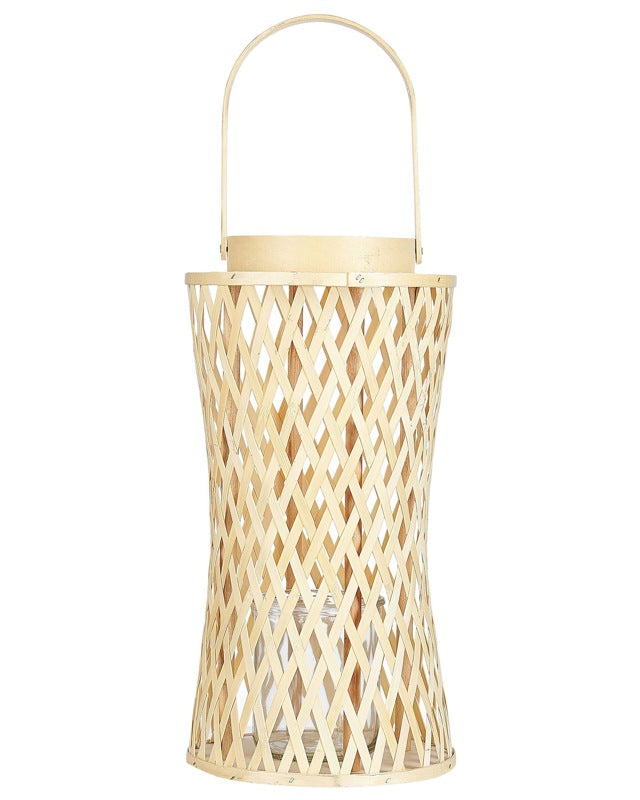 Candle Lantern Natural Bamboo Wood 38 cm with Glass Candle Holder Boho Style Indoor Beliani