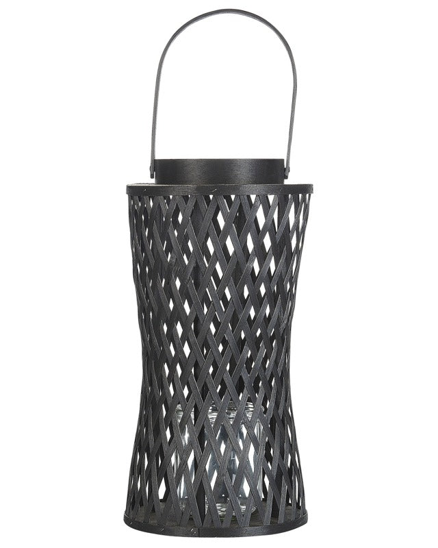 Candle Lantern Black Bamboo Wood 38 cm with Glass Candle Holder Boho Style Indoor Beliani