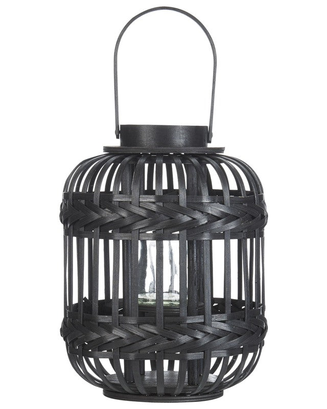 Candle Lantern Black Bamboo Wood 30 cm with Glass Candle Holder Boho Style Indoor Beliani