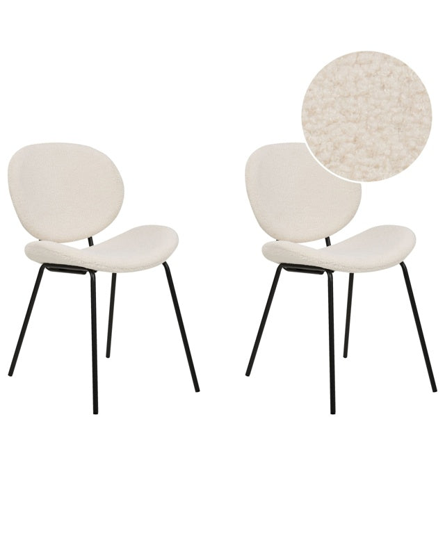 Set of 2 Dining Chairs White Armless Leg Caps Boucle Black Iron Legs Contemporary Retro Design Dining Room Seating Beliani