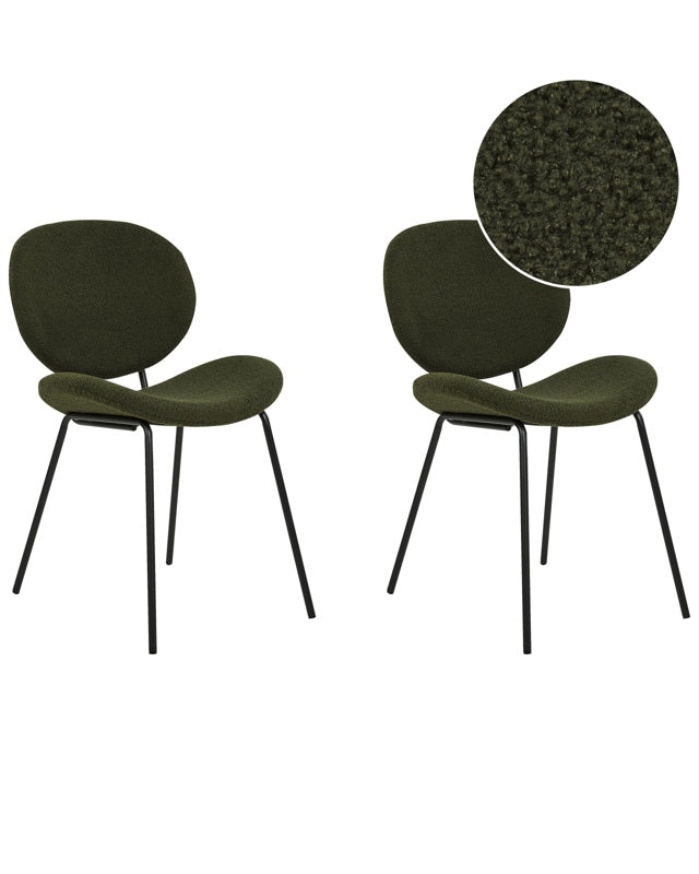 Set of 2 Dining Chairs Dark Green Armless Leg Caps Boucle Black Iron Legs Contemporary Retro Design Dining Room Seating Beliani