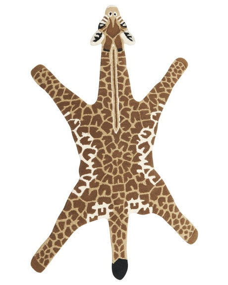 Kids Rug Brown and Beige Wool Cotton Backing 100 x 160 cm Hand Tufted Playroom Mat Animal Giraffe Print Kids Room Bedroom Beliani