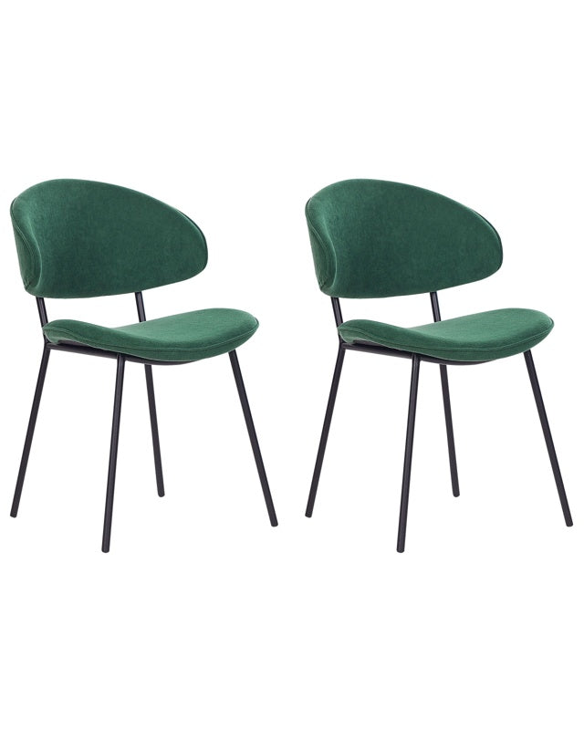 Set of 2 Dining Chairs Green Fabric Upholstery Black Metal Legs Armless Curved Backrest Modern Contemporary Design Beliani