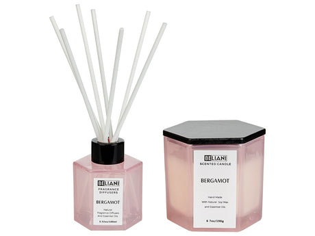 Set of Scented Candle and Fragrance Stick Diffuser Pink 100% Soy Wax Cotton Wick Glass Fruity Bergamot Beliani