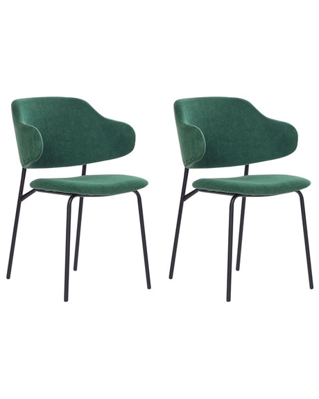 Set of 2 Dining Chairs Green Fabric Upholstery Black Metal Legs Armless Curved Backrest Modern Contemporary Design Beliani