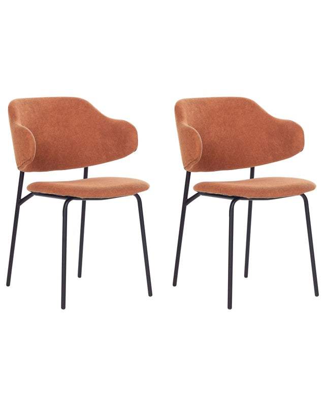 Set of 2 Dining Chairs Orange Fabric Upholstery Black Metal Legs Armless Curved Backrest Modern Contemporary Design Beliani