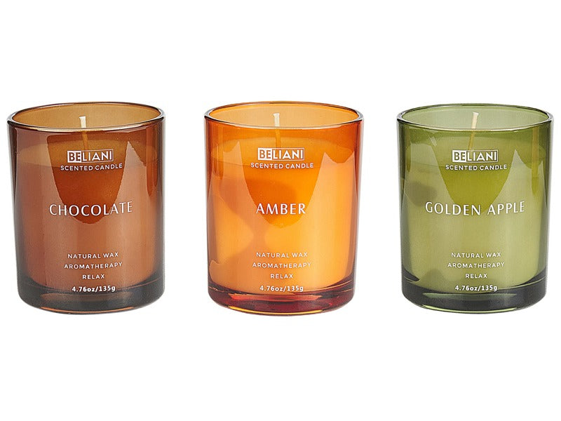 Set of 3 Scented Candles Multicolour 100% Soy Wax Cotton Wick Glass Fruit Oriental Fragrance Golden Apple/Chocolate/Amber Beliani