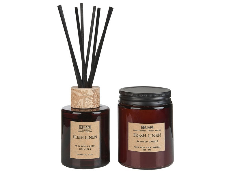 Fragrance Set Candle and Reed Diffuser Scented Sticks 100% Soy Wax Cotton Wick Glass Fresh Linen Beliani