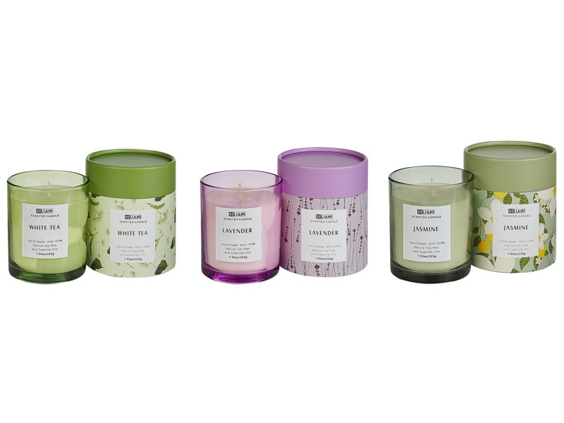 Set of 3 Scented Candles Multicolour 100% Soy Wax Cotton Wick Glass Floral Oriental Herb Fragrance White Tea/Lavender/Jasmine Beliani