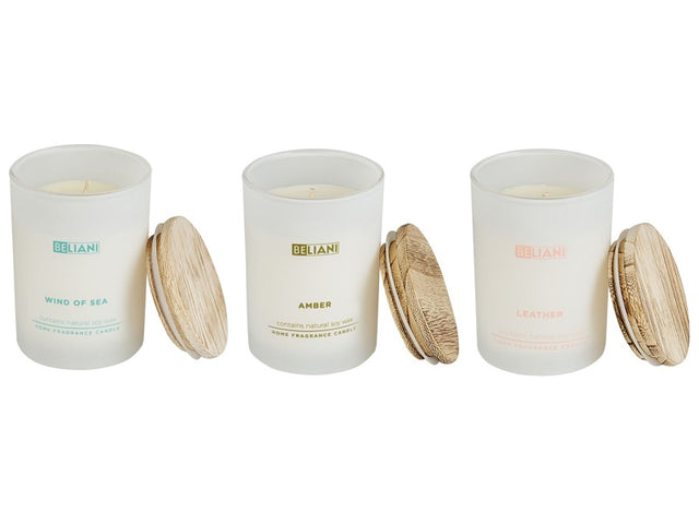 Set of 3 Scented Candles Multicolour 100% Soy Wax Cotton Wick White Glass Fragrance Leather/Wind of Sea/Amber Beliani