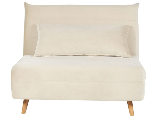 Small Sofa Bed Cream Velvet Fabric Wooden Legs 1 Seater Fold-Out Sleeper Armless with Cushion Scandinavian Modern Design Beliani