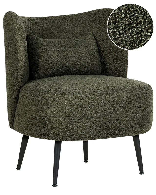 Armchair Dark Green Boucle Fabric Soft Nubby Black Legs Curved Backrest Retro Glam Art Decor Style Beliani