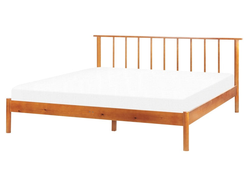 Bed Light Pine Wood EU King Size 5ft3 with Headboard Slatted Base Minimalistic Rustic Style Beliani