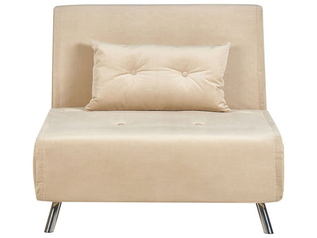 Sofa Bed Beige Velvet Fabric Upholstery Single Sleeper Fold Out Chair Bed with Cushion Modern Design Beliani