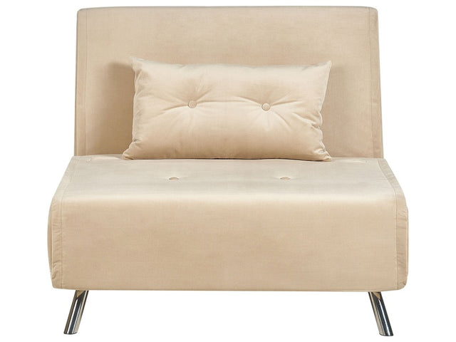 Sofa Bed Beige Velvet Fabric Upholstery Single Sleeper Fold Out Chair Bed with Cushion Modern Design Beliani