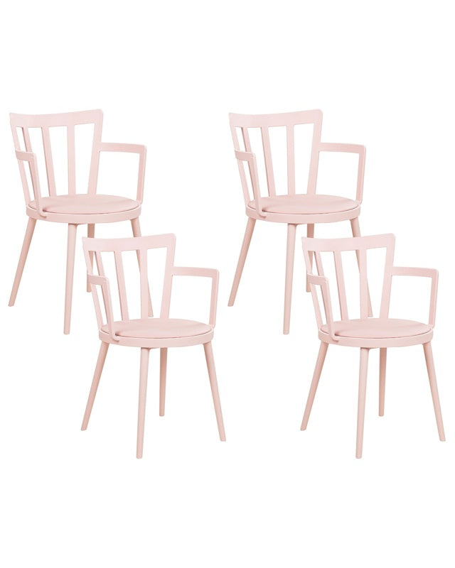 Set of 4 Dining Chairs Pink Synthetic Padded Seat Faux Leather Open Back with Armrests Modern Minimalist Living Room Beliani