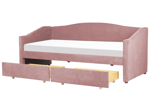 Daybed Pink EU Single Size Polyester Upholstery Slatted Frame Eucalyptus Wood Plywood Drawers Modern Bedroom Beliani