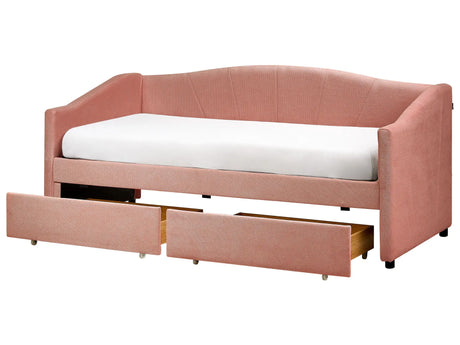Daybed Pink EU Single Size Polyester Upholstery Slatted Frame Eucalyptus Wood Plywood Drawers Modern Bedroom Beliani