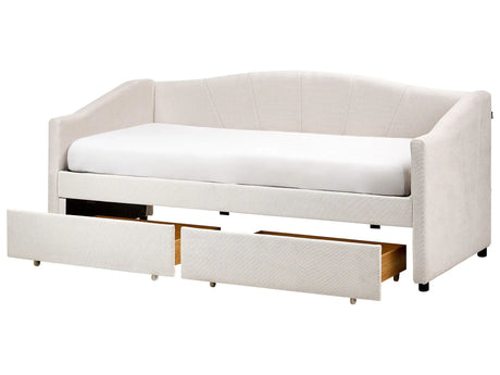 Daybed Light Beige EU Single Size Polyester Upholstery Slatted Frame Eucalyptus Wood Plywood Drawers Modern Bedroom Beliani