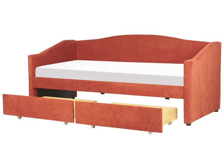 Daybed Red EU Single Size Polyester Upholstery Slatted Frame Eucalyptus Wood Plywood Drawers Modern Bedroom Beliani