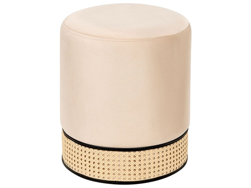 Pouffe Cream Upholstered Velvet Rattan Weave Accent Ring Glamour Stool  Beliani